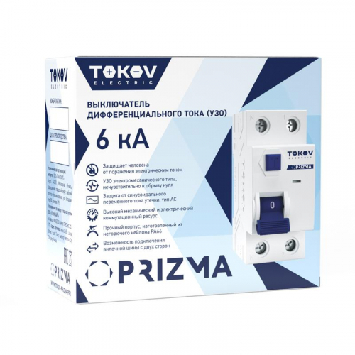Выключатель дифференциального тока (УЗО) 2п (1P+N) 16А 10мА тип AC 6кА PRIZMA TOKOV ELECTRIC TKE-PZ60-RCDM-2-16-10-AC фото 2