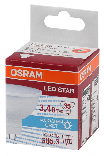 Лампа светодиодная LED Star MR16 3.4W/840 3.4Вт матовая 4000К нейтр. бел. GU5.3 300лм 220-240В 110град. пластик. (замена 35Вт) OSRAM 4058075129030 фото 2