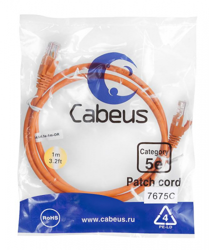 Патч-корд U/UTP кат.5E PC-UTP-RJ45-Cat.5e-1m-OR-LSZH 2xRJ45/8p8c неэкранир. LSZH 1м оранж. Cabeus 9521c Патч-корд U/UTP кат.5E PC-UTP-RJ45-Cat.5e-1m-OR-LSZH 2xRJ45/8p8c неэкранир. LSZH 1м оранж. Cabeus 9521c