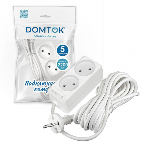 Удлинитель 2х5м без заземл. 10А IP20 2.2кВт ПВС 2х1 бел. DOMTOK 2347 фото 2