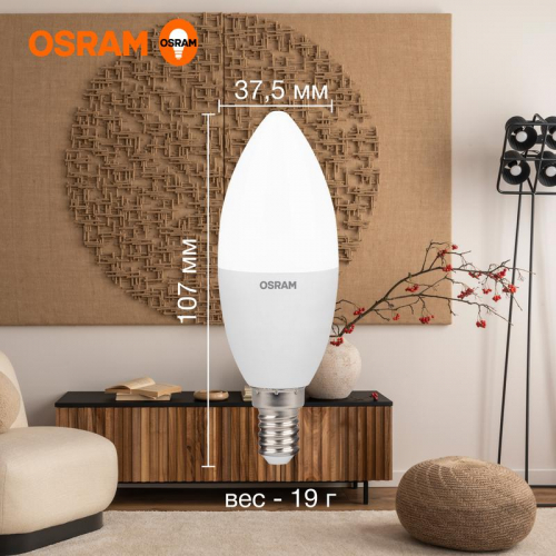 Лампа светодиодная LED Value LVCLB75 10SW/830 10Вт свеча матовая E14 230В 10х1 RU OSRAM 4058075579125 фото 3 Лампа светодиодная LED G3 Value LVCLB75 10SW/830 10Вт свеча матовая 3000К тепл. бел. E14 800лм 230В 10х1 RU OSRAM 4058075579125 фото 3