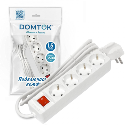 Удлинитель 4х1.5м с заземл. 16А IP20 3х1 с выкл. бел. DOMTOK 2374 фото 3 Удлинитель 4х1.5м с заземл. 16А IP20 3х1 с выкл. бел. DOMTOK 2374 фото 3