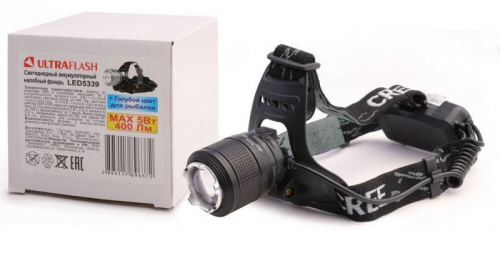 Фонарь налобный аккумуляторный LED5339 3.7В LED+син. LED 5Вт фокус 2 ак. 4 реж USB черн. Ultraflash 15041 Фонарь налобный аккумуляторный LED5339 3.7В LED+син. LED 5Вт фокус 2 ак. 4 реж USB черн. Ultraflash 15041