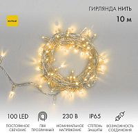 Гирлянда светодиодная "Нить" 10м 100LED желт. 10Вт 230В IP65 постоян. свечение провод ПВХ прозр. (нужен шнур питания 303-500-1) Neon-Night 305-181