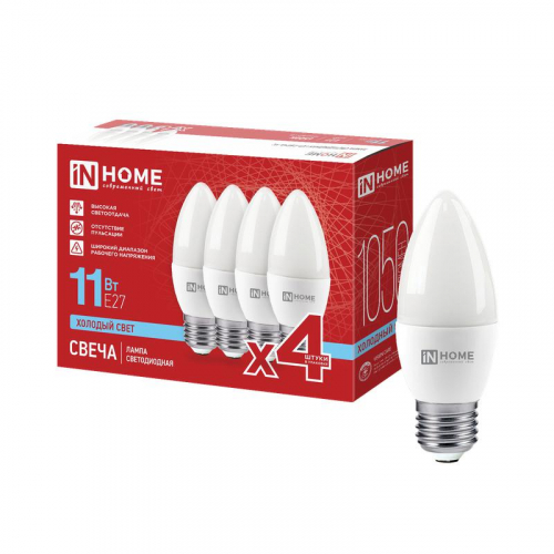 Лампа светодиодная LED-СВЕЧА-VC 4PACK 11Вт свеча 6500К E27 1050лм 230В (уп.4шт) IN HOME 4690612066721