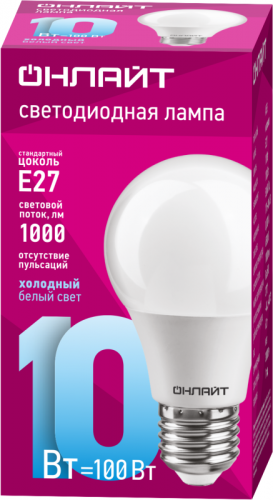 Лампа светодиодная 61 140 OLL-A60-10-230-6.5K-E27 10Вт грушевидная 6500К холод. бел. E27 1000лм 176-264В ОНЛАЙТ 61140 фото 2