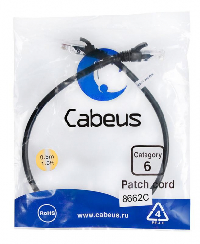 Патч-корд U/UTP кат.6 PC-UTP-RJ45-Cat.6-0.5m-BK 2xRJ45/8p8c неэкранир. PVC 0.5м черн. Cabeus 8662c Патч-корд U/UTP кат.6 PC-UTP-RJ45-Cat.6-0.5m-BK 2xRJ45/8p8c неэкранир. PVC 0.5м черн. Cabeus 8662c