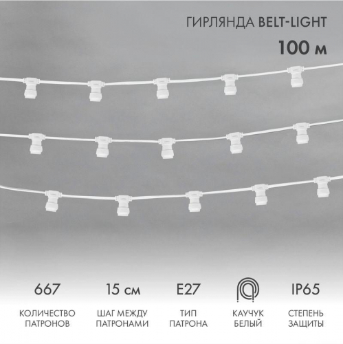 Гирлянда "Белт Лайт" 2жил. шаг 15см патроны E27 1320Вт IP65 влагостойкая провод бел. (уп.100м) Neon-Night 331-251