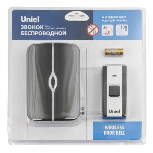 Звонок беспроводной UDB-015W-R1T1-36S-100M-WH/BL 36 мелодий радиус действия 100м блист. бел./черн. Uniel UL-00006434 Звонок беспроводной UDB-015W-R1T1-36S-100M-WH/BL 36 мелодий радиус действия 100м блист. бел./черн. Uniel UL-00006434