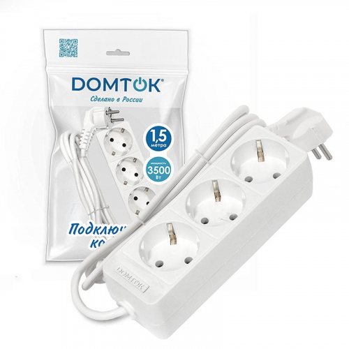 Удлинитель 3х1.5м с заземл. 16А IP20 3.5кВт ПВС 3х1 бел. DOMTOK 2389 фото 2 Удлинитель 3х1.5м с заземл. 16А IP20 3.5кВт ПВС 3х1 бел. DOMTOK 2389 фото 2