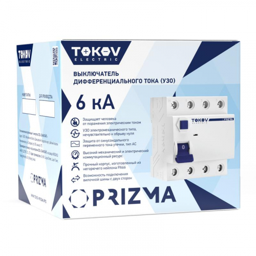 Выключатель дифференциального тока (УЗО) 4п (3P+N) 25А 30мА тип AC 6кА PRIZMA TOKOV ELECTRIC TKE-PZ60-RCDM-4-25-30-AC фото 2