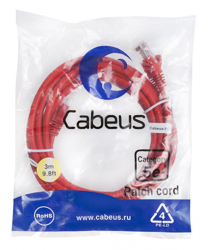 Патч-корд U/UTP кат.5E PC-UTP-RJ45-Cat.5e-3m-RD-LSZH 2xRJ45/8p8c неэкранир. LSZH 3м красн. Cabeus 9516c Патч-корд U/UTP кат.5E PC-UTP-RJ45-Cat.5e-3m-RD-LSZH 2xRJ45/8p8c неэкранир. LSZH 3м красн. Cabeus 9516c