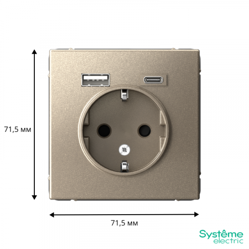 Розетка ArtGallery 16А с 2-мя заряд. устройствами USB A+C 5В/2.4А/3А 2х5В/1.5А механизм шампань SE GAL000532 фото 2