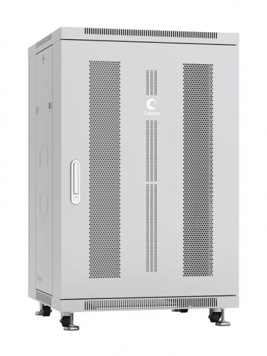 Шкаф монтажный телекоммуникационный напольн. ND-05C-18U60/60 19дюйм 18U 600х600х988мм для распределит. и серверн. оборудования; передн. и задн. перфорир. двери ручка с замком RAL 7035 сер. Cabeus 7656c