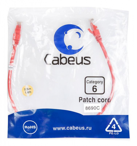 Патч-корд U/UTP кат.6 PC-UTP-RJ45-Cat.6-0.5m-RD 2xRJ45/8p8c неэкранир. PVC 0.5м красн. Cabeus 8690c