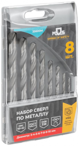 Набор сверл по металлу HSS угол заточки 118град. пласт. кейс 8шт (3-4-5-6-7-8-9-10мм) MOS 35600М фото 4 Набор сверл по металлу HSS угол заточки 118град. пласт. кейс 8шт (3-4-5-6-7-8-9-10мм) MOS 35600М фото 4