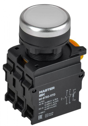 Кнопка d22мм 1НО+1НЗ MASTER с подсветкой и фиксацией бел. IEK MI-BT60-11TD-3-11-K01