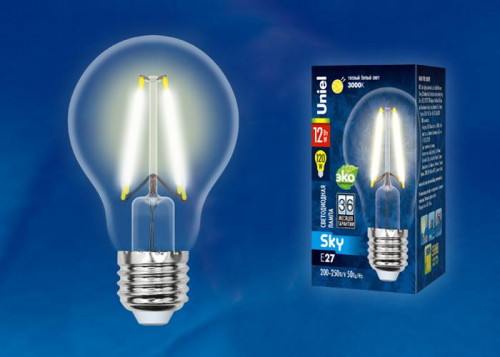Лампа светодиодная LED-A60-12W/3000K/E27/CL PLS02WH Sky 12Вт A 3000К тепл. бел. прозр. картон Uniel UL-00004866 Лампа светодиодная LED-A60-12W/3000K/E27/CL PLS02WH Sky 12Вт A 3000К тепл. бел. прозр. картон Uniel UL-00004866