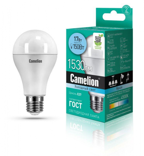Лампа светодиодная LED17-А65/845/E27 17Вт грушевидная 4500К бел. E27 1530лм 170-265В Camelion 12309