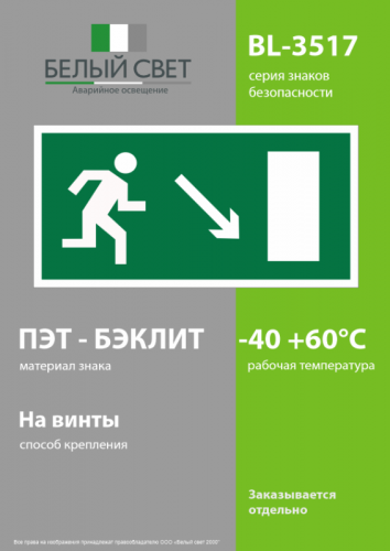 Знак безопасности BL-3517.E07 "Напр. к эвакуационному выходу направо вниз" Белый свет a12971 фото 3