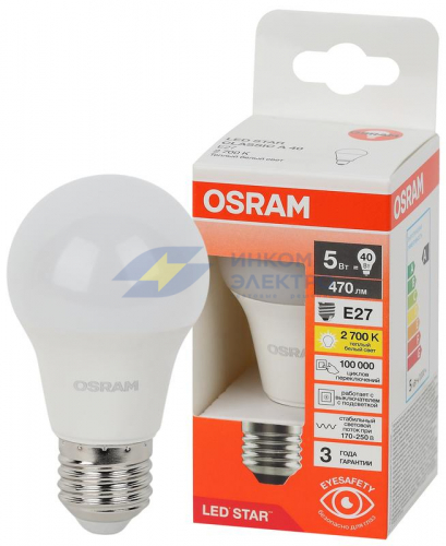 Лампа светодиодная LED Star 5Вт 2700К тепл. бел. E27 470лм A угол пучка 180град. 170-250В (замена 40Вт) матов. пластик OSRAM 4058075695566
