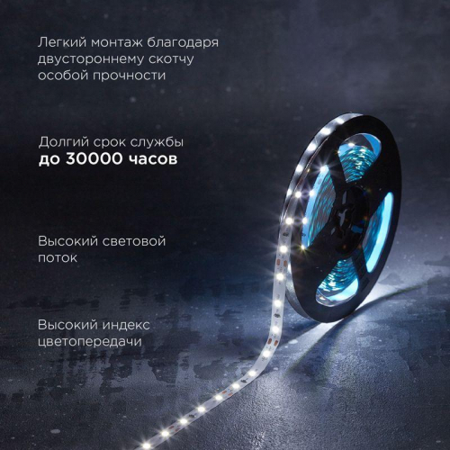 Лента светодиодная 12В SMD2835 9.6Вт/м 60 LED/м 6500К 8мм IP20 (уп.5м) Rexant 141-217 фото 2