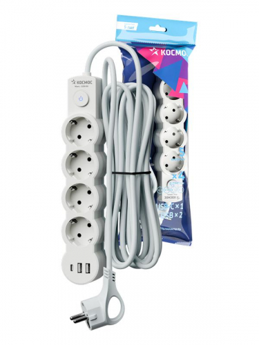 Удлинитель 4х5м с заземл. 10А IP20 USB type-Aх2 + type-C 2500Вт 220В ПВС 3х1 с выкл. бел. КОСМОС YKsm5m4g-Z-VU10А-W Удлинитель 4х5м с заземл. 10А IP20 USB type-Aх2 + type-C 2500Вт 220В ПВС 3х1 с выкл. бел. КОСМОС YKsm5m4g-Z-VU10А-W