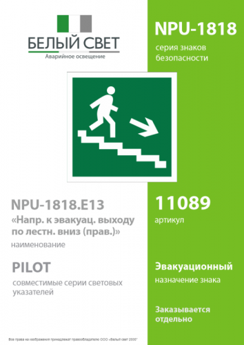 Знак безопасности NPU-1818.E13 "Напр. к эвакуац. выходу по лестн. вниз (прав.)" Белый свет a11089 фото 2 Знак безопасности NPU-1818.E13 "Напр. к эвакуац. выходу по лестн. вниз (прав.)" Белый свет a11089 фото 2