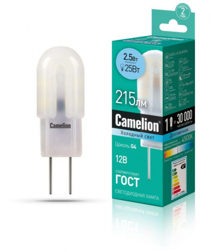 Лампа светодиодная LED2.5-JC-SL/845/G4 2.5Вт капсульная 4500К бел. G4 200лм 12В Camelion 12302 Лампа светодиодная LED2.5-JC-SL/845/G4 2.5Вт капсульная 4500К бел. G4 200лм 12В Camelion 12302