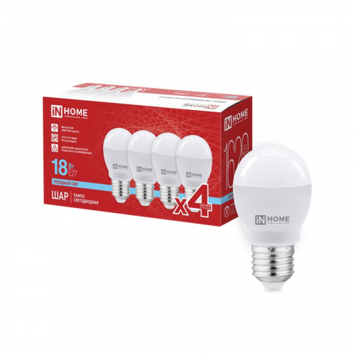 Лампа светодиодная LED-ШАР-VC 4PACK 18Вт шар 6500К E27 1620лм 230В (уп.4шт) IN HOME 4690612066783 Лампа светодиодная LED-ШАР-VC 4PACK 18Вт шар 6500К E27 1620лм 230В (уп.4шт) IN HOME 4690612066783