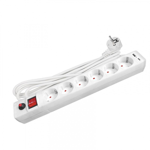 Удлинитель с сетевым фильтром 6х5м с заземл. 10А IP20 2.2кВт USB type-A + type-C ПВС 3х0.75 с выкл. бел. UNIVersal 2545 Удлинитель с сетевым фильтром 6х5м с заземл. 10А IP20 2.2кВт USB type-A + type-C ПВС 3х0.75 с выкл. бел. UNIVersal 2545