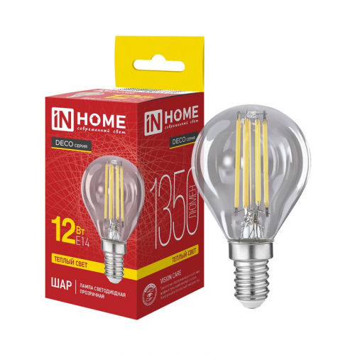 Лампа светодиодная LED-ШАР-deco 12Вт шар прозрачная 3000К E14 1350лм 230В IN HOME 4690612063331 Лампа светодиодная LED-ШАР-deco 12Вт шар прозрачная 3000К E14 1350лм 230В IN HOME 4690612063331