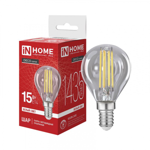 Лампа светодиодная LED-ШАР-deco 15Вт шар прозрачная 4000К E14 1435лм 230В IN HOME 4690612063362
