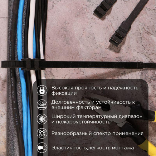 Хомут кабельный 9х260 усиленный с двойн. горизонтальным замком nylon-12 черн. (уп.100шт) Rexant 07-0269 фото 2