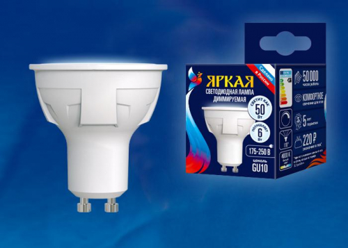 Лампа светодиодная LED-JCDR 6W/NW/GU10/FR/DIM PLP01WH Яркая 6Вт матовая GU10 диммир. (упак. картон) Uniel UL-00003988 Лампа светодиодная LED-JCDR 6W/NW/GU10/FR/DIM PLP01WH Яркая 6Вт матовая GU10 диммир. (упак. картон) Uniel UL-00003988