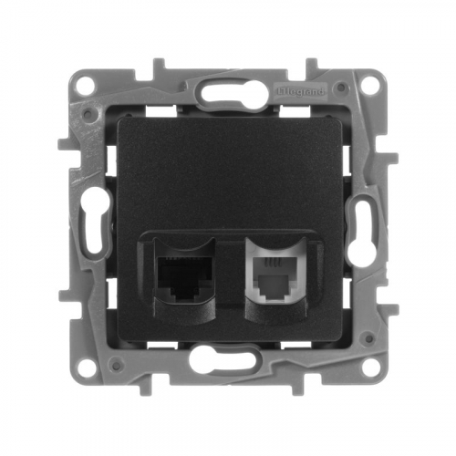 Розетка компьютерная + телефонная 2-м СП Etika RJ45 + RJ11 кат.5E UTP механизм антрацит IEK 672652 фото 2