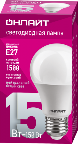 Лампа светодиодная 61 150 OLL-A60-15-230-4K-E27 15Вт грушевидная 4000К нейтр. бел. E27 1500лм 176-264В ОНЛАЙТ 61150 фото 2