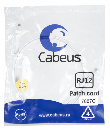 Патч-корд телефонный PC-TEL-RJ12-1m 2х6р4с PVC 1м бел. Cabeus 7887c Патч-корд телефонный PC-TEL-RJ12-1m 2х6р4с PVC 1м бел. Cabeus 7887c