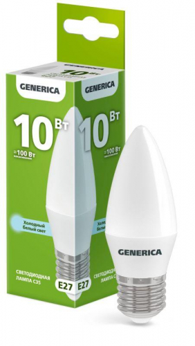 Лампа светодиодная C35 10Вт свеча 6500К E27 230В GENERICA LL-C35-10-230-65-E27-G