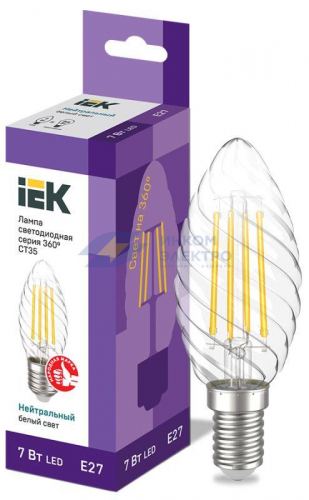 Лампа светодиодная филаментная 360° 7Вт CT35 свеча витая 4000К E27 230В IEK LLF-CT35-7-230-40-E27-CL