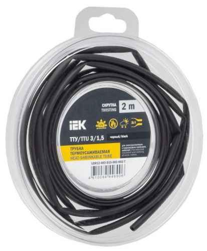 Трубка термоусадочная ТТУ нг-LS 3/1.5 черн. (уп.2м) IEK UDR12-003-D15-002-K02-T Трубка термоусадочная ТТУ нг-LS 3/1.5 черн. (уп.2м) IEK UDR12-003-D15-002-K02-T