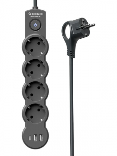 Удлинитель 4х5м с заземл. 10А IP20 USB type-Aх2 + type-C 2500Вт 220В ПВС 3х1 с выкл. черн. КОСМОС YKsm5m4g-Z-VU10А-B фото 5 Удлинитель 4х5м с заземл. 10А IP20 USB type-Aх2 + type-C 2500Вт 220В ПВС 3х1 с выкл. черн. КОСМОС YKsm5m4g-Z-VU10А-B фото 5