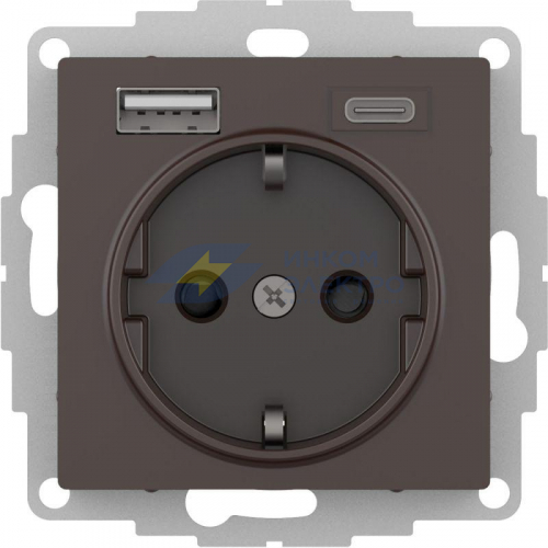 Розетка AtlasDesign 16А с 2-мя заряд. устройствами USB тип A+C 5В/2.4А 2х5В/1.2А механизм мокко SchE ATN000632