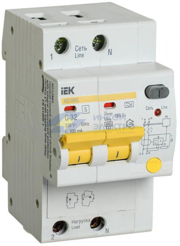Выключатель автоматический дифференциального тока селективный 2п 32А 300мА тип A АД12MS IEK MAD123-2-032-C-300