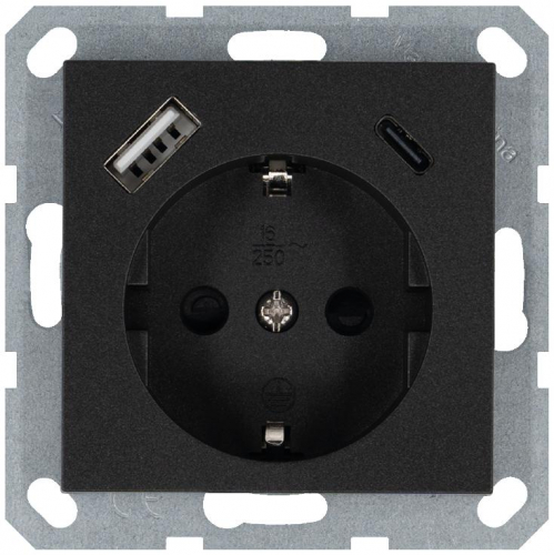 Розетка Shuko 16А с заземл. защ. шторки с 2-мя заряд. устройствами USB тип A+C 25Вт механизм антрацит Jasmart G5501USB-25B Розетка Shuko 16А с заземл. защ. шторки с 2-мя заряд. устройствами USB тип A+C 25Вт механизм антрацит Jasmart G5501USB-25B
