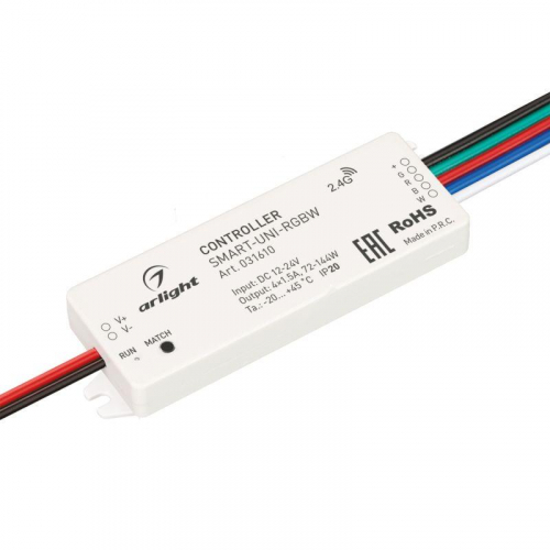 Контроллер SMART-UNI-RGBW (12-24В 4х1.5А 2.4G) (IP20 пластик) Arlight 031610 Контроллер SMART-UNI-RGBW (12-24В 4х1.5А 2.4G) (IP20 пластик) Arlight 031610