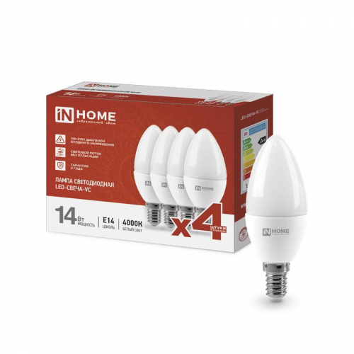 Лампа светодиодная LED-СВЕЧА-VC 4PACK 14Вт свеча 4000К нейтр. бел. E14 1330лм 230В (уп.4шт) IN HOME 4690612052328 Лампа светодиодная LED-СВЕЧА-VC 4PACK 14Вт свеча 4000К нейтр. бел. E14 1330лм 230В (уп.4шт) IN HOME 4690612052328
