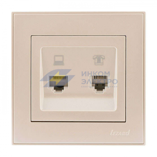 Розетка компьютерная + телефонная 2-м СП Rain RJ45 + RJ11 крем. LEZARD 703-0303-143