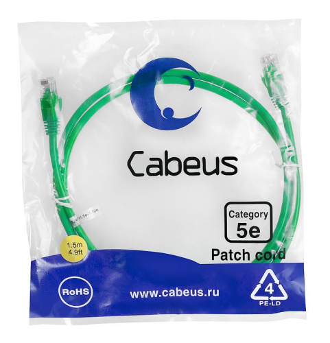 Патч-корд U/UTP кат.5E PC-UTP-RJ45-Cat.5e-1.5m-GN-LSZH 2xRJ45/8p8c неэкранир. LSZH 1.5м зел. Cabeus 9506c