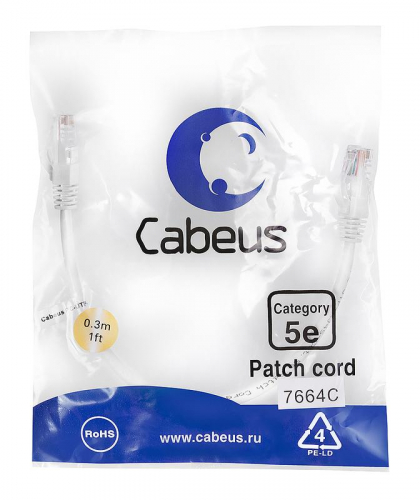 Патч-корд U/UTP кат.5E PC-UTP-RJ45-Cat.5e-0.3m-WH 2xRJ45/8p8c неэкранир. PVC 0.3м бел. Cabeus 7664c Патч-корд U/UTP кат.5E PC-UTP-RJ45-Cat.5e-0.3m-WH 2xRJ45/8p8c неэкранир. PVC 0.3м бел. Cabeus 7664c